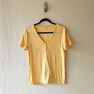 Yellow and White Striped Short Sleeve Henley Tee